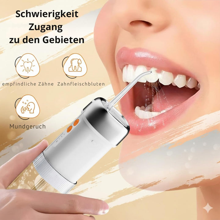 Munddusche IPX7, 250ml Tank, 5 Düsen, USB-C, 4 Leistungsmodi 35–140PSI mit Speicherfunktion, 45Tage