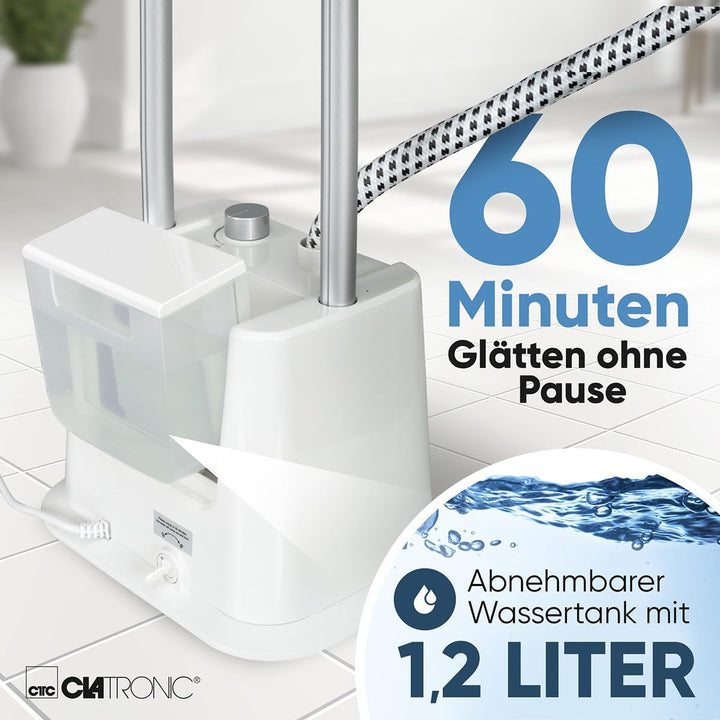 Clatronic® Stand-Dampfglätter | schnell einsatzbereit | Abnehmbarer 1,2 Liter Wassertank | bis zu 60