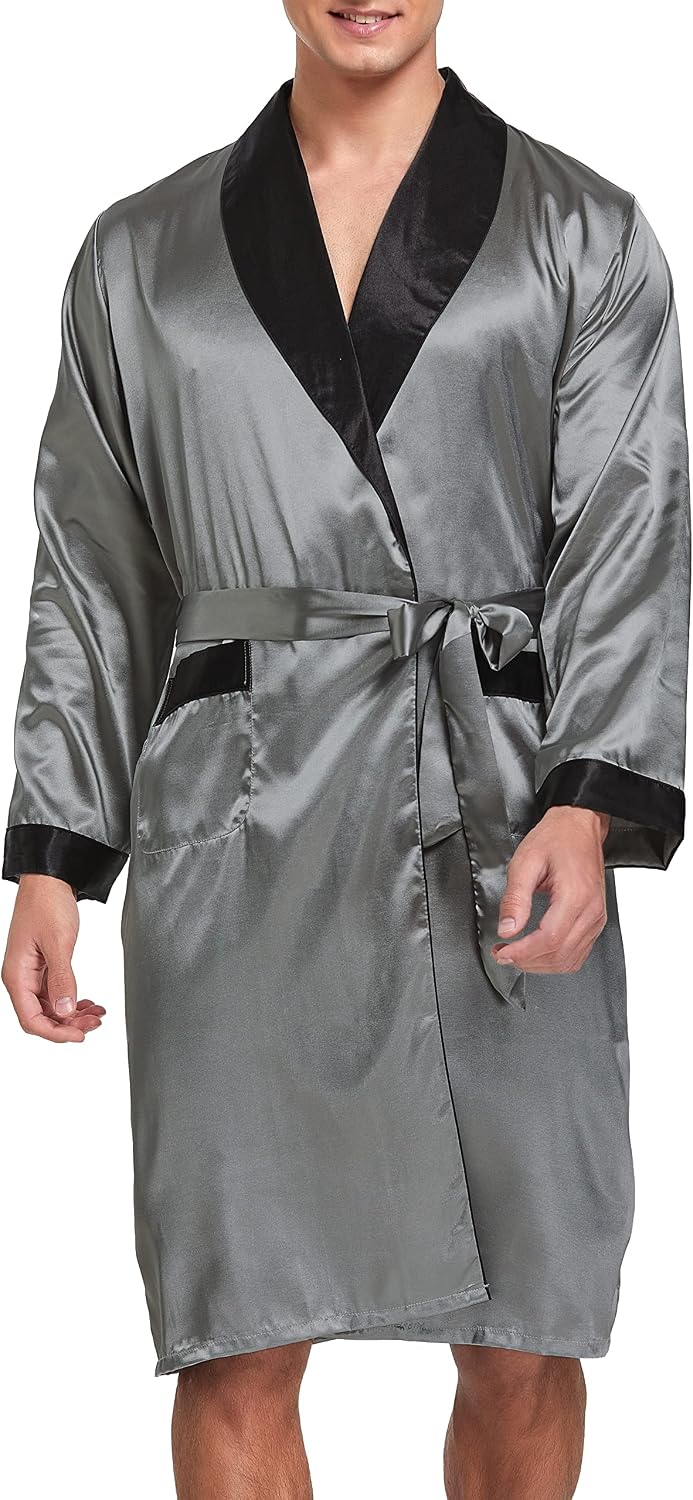Herren Satin Bademantel, Leichter Seiden Langarm Bademantel mit Shorts Set, Spa Kimono Nachtwäsche X