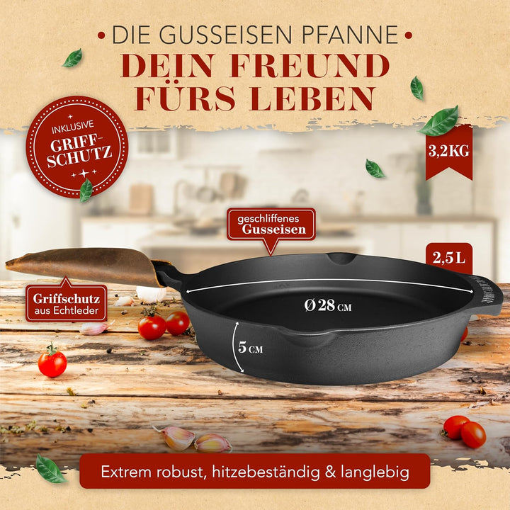 KRUSTENZAUBER Gusseisenpfanne Induktion 28cm inkl. Anleitung und Rezeptbuch - Geschliffene Pfanne Gu