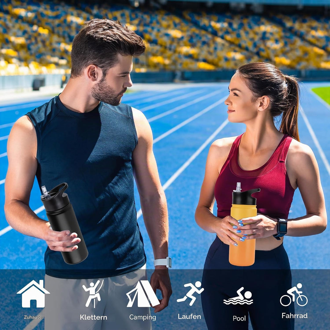 Edelstahl Trinkflasche - 500ml - mit Strohhalm,Auslaufsicher,Kohlensäure Geeignet,BPA frei Thermosfl