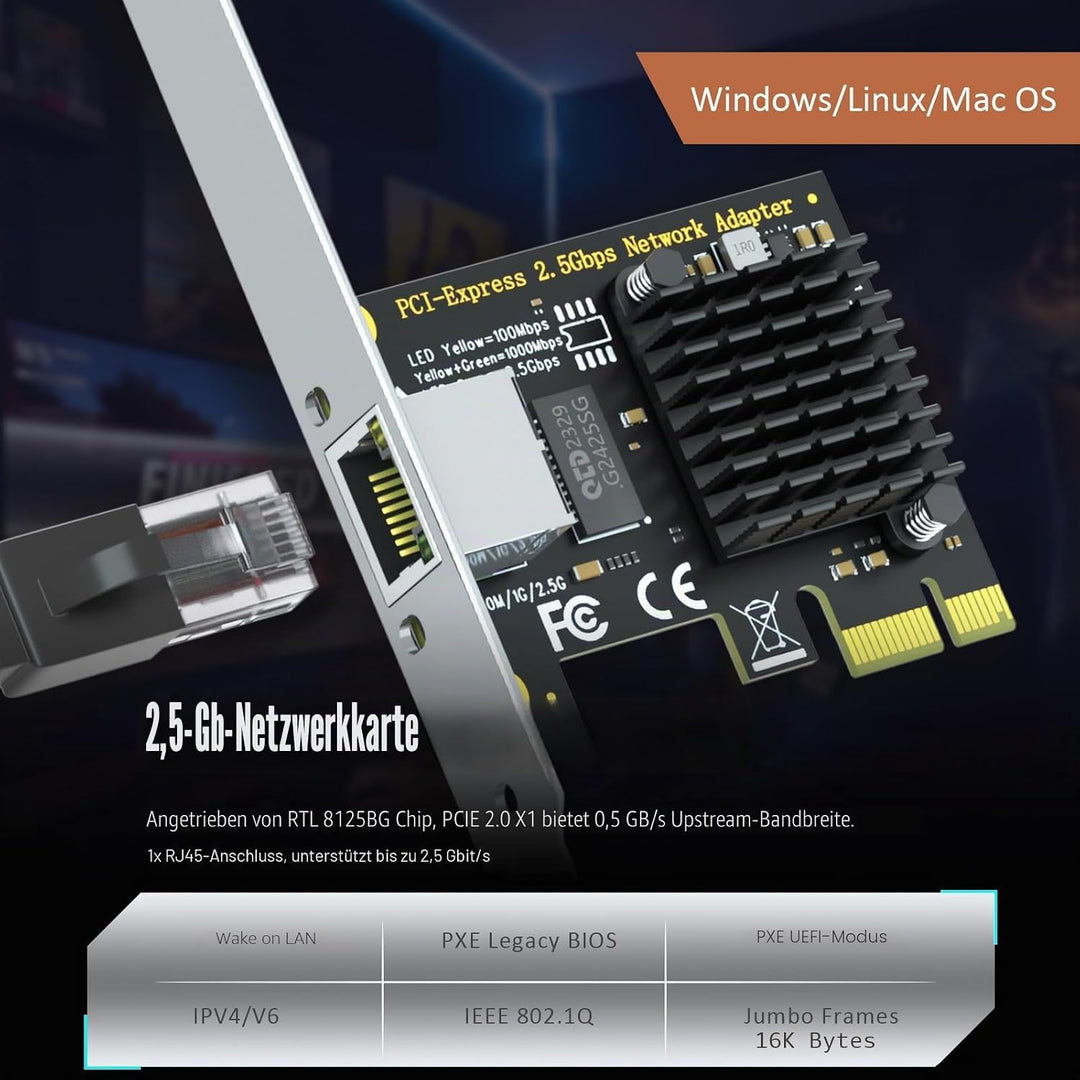 GLOTRENDS LE8105 2.5Gbps PCIe Ethernet Netzwerkkarte, RTL8125BG Chip, RJ45 LAN Port, PCIe X1 Install