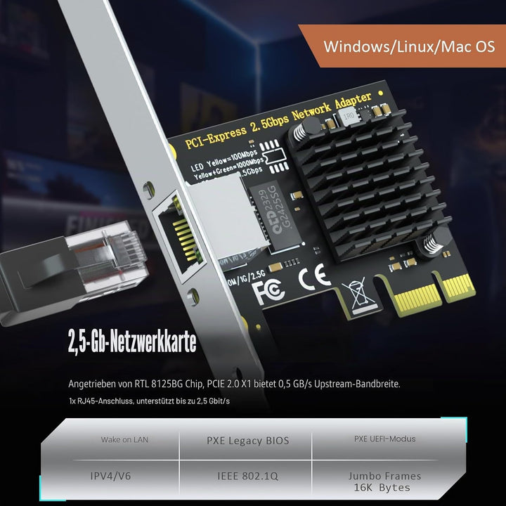 GLOTRENDS LE8105 2.5Gbps PCIe Ethernet Netzwerkkarte, RTL8125BG Chip, RJ45 LAN Port, PCIe X1 Install