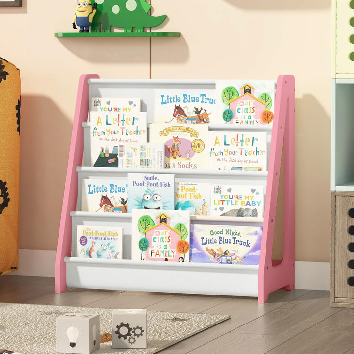 Bücherregal Kinder, Kinderregal mit 4 Stofffächern Kinderzimmer Regal 4 Ebenen Bücher-Organizer, 60x