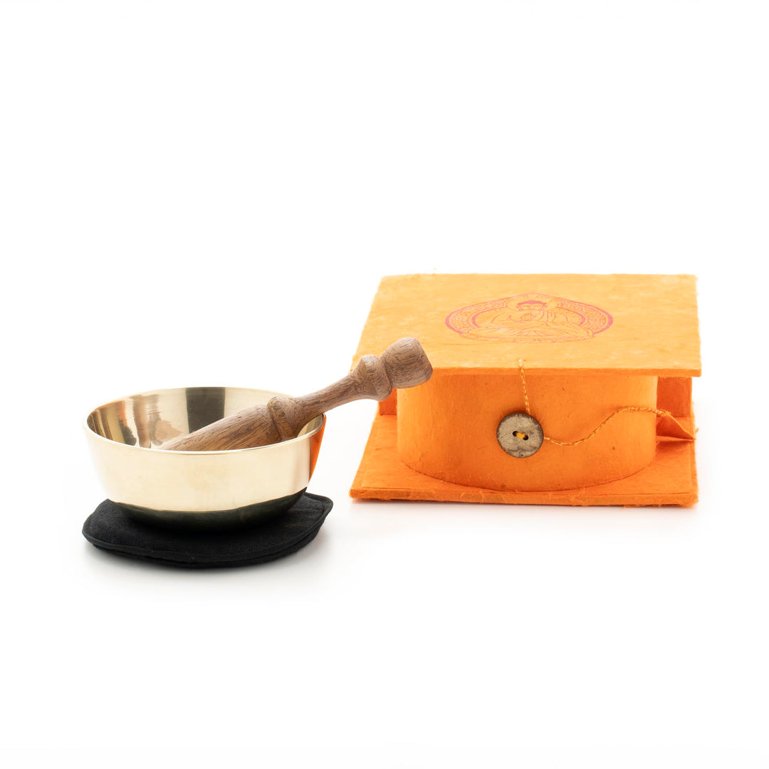 Kleine Meditations-Klangschale in Buddha-Geschenkbox I Inkl. Unterlage/Holzklöppel I Fair Trade aus