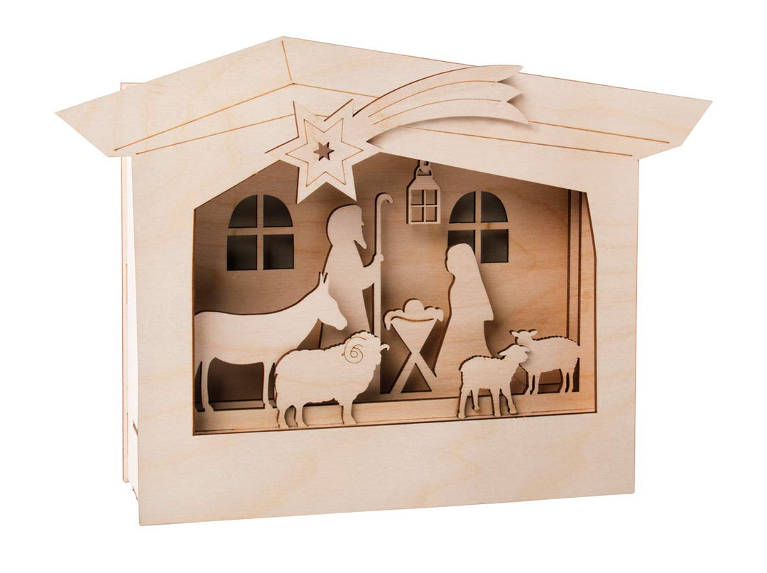 Rayher Holzbaus. 3D-Motivrahmen Krippe, FSC Mix Credit, natur, 24x24 cm, Tiefe 6,3cm, Set 13teilig,