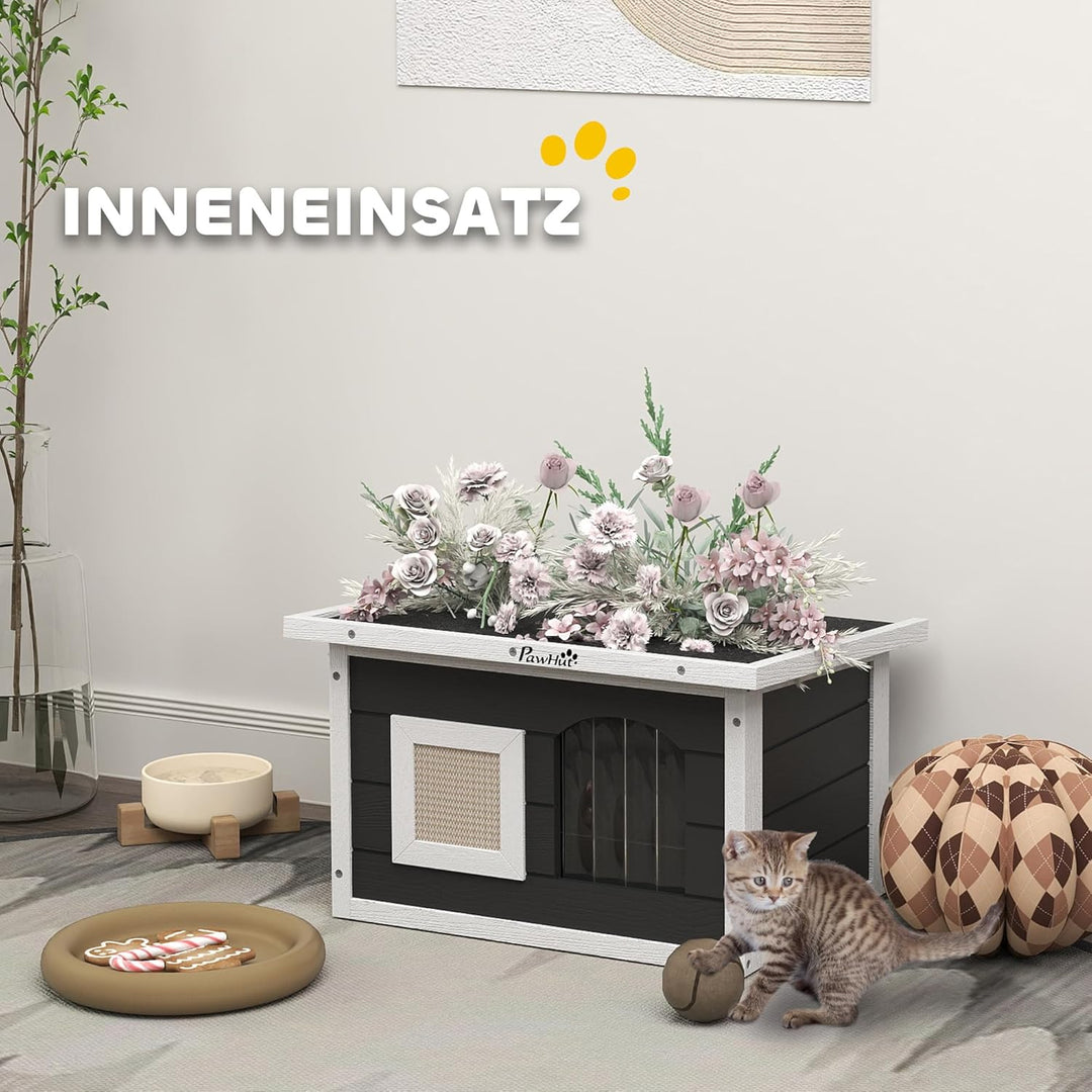 PawHut Katzenhaus aus Holz wasserdicht Katzenhütte mit klappbar Asphaltdach Kratzmatte herausnehmbar