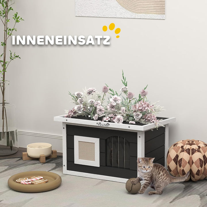 PawHut Katzenhaus aus Holz wasserdicht Katzenhütte mit klappbar Asphaltdach Kratzmatte herausnehmbar