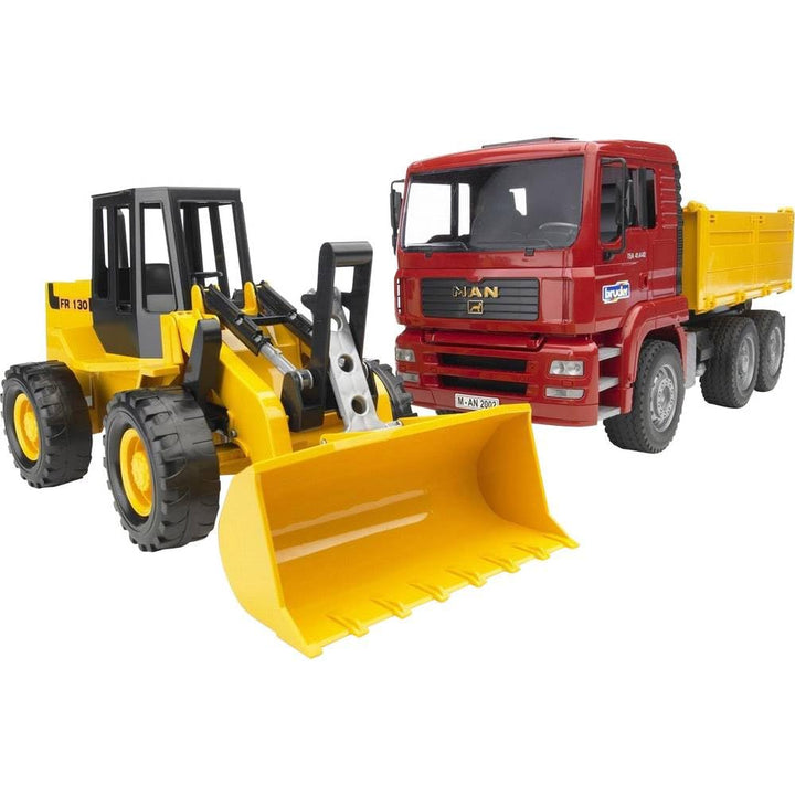bruder 02752 - Man TGA Kipplastwagen mit Gelenkradlader FR130-1:16 LKW Lastwagen Muldenkipper Radlad