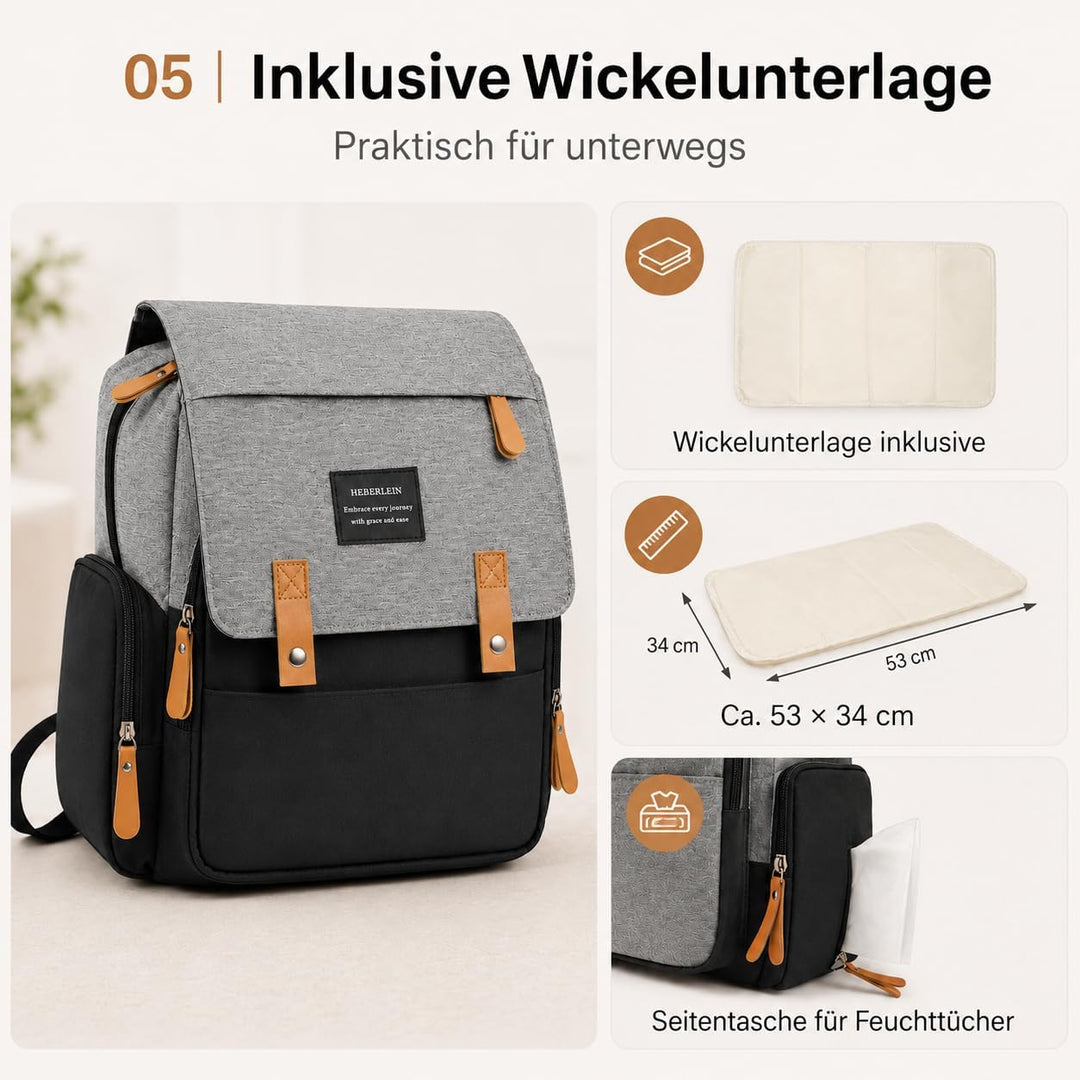 Heberlein Prestige Baby Wickelrucksack - grosse Wickeltasche für Mama &amp; Papa, wasserabweisend mit vi