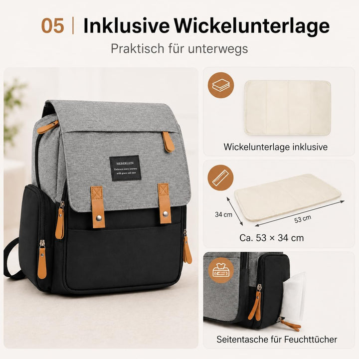 Heberlein Prestige Baby Wickelrucksack - grosse Wickeltasche für Mama &amp; Papa, wasserabweisend mit vi