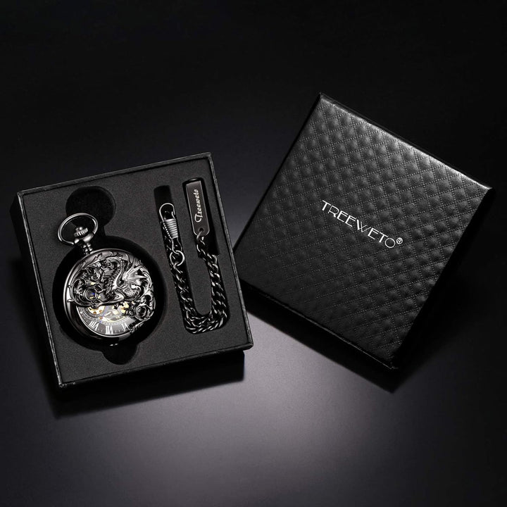 TREEWETO Unisex Taschenuhr mit Kette Analog Handaufzug Doppelscharnier Antik Drache Skelett Bronze 5