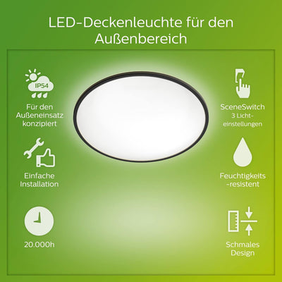 Philips Outdoor LED Deckenleuchte Superslim, schwarz, 15W, kaltweisses Licht 4.000K, 3 Lichteinstell