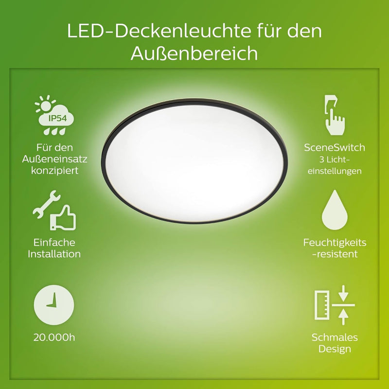 Philips Outdoor LED Deckenleuchte Superslim, schwarz, 15W, kaltweisses Licht 4.000K, 3 Lichteinstell