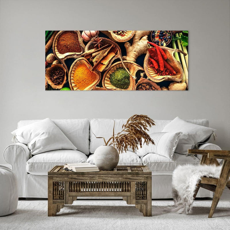 Wandbilder Dekoration Wohnzimmer Essen Kräuter Gewürze Panorama Bilder auf Leinwand 120x50cm Leinwan