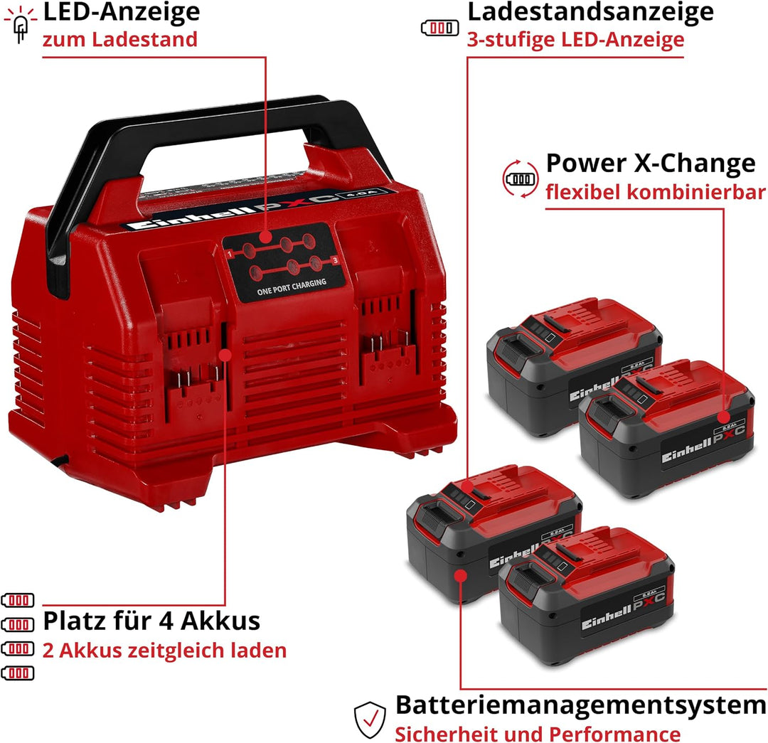 Original Einhell Kit PXC 4X 5,2 Ah & Quattrocharger 4 A | PXC | 18 V | 1260 W | 4x 5,2 Ah Akku | 4-A