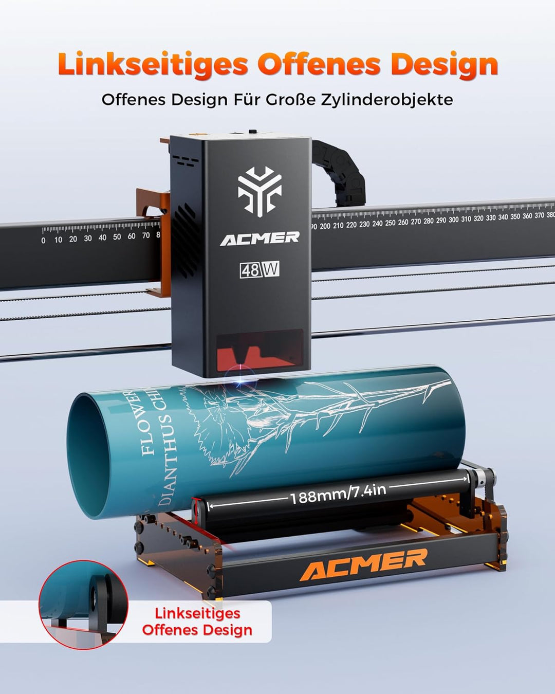 ACMER M3 Laser Rotary Roller,6-164 mm Gravurdurchmesser,370mm Gravurlänge, Laser-Rotationswalze komp