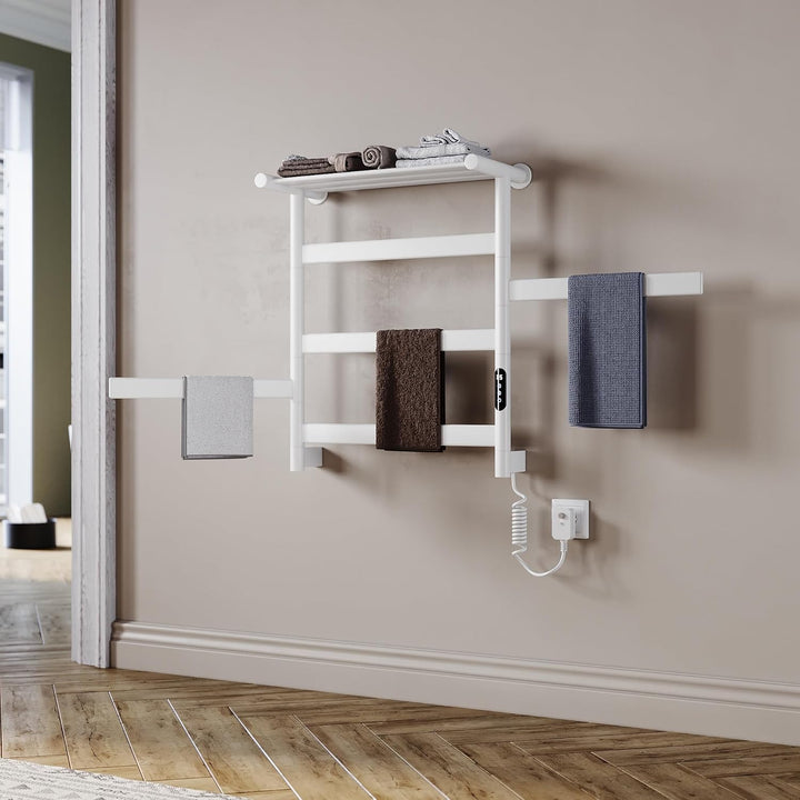 Handtuchheizkörper Elektrisch 66 x 55cm, 180° Drehung Handtuchwärmer Elektrisch mit Heiz-Ablage, WiF