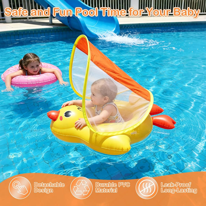Qingning Ente Baby Schwimmring mit Abnehmbarem Sonnendach & Schwimmsitz – Aufblasbare Schwimmhilfe f