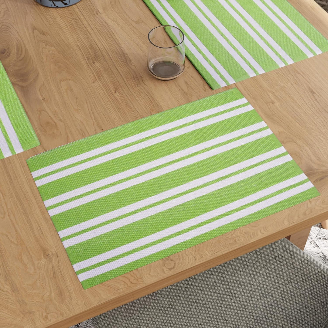 Encasa XO Platzsets Esstisch Set von 6 | Franca Lime Stripes | Fein gerippte Baumwoll-Tischunterlage