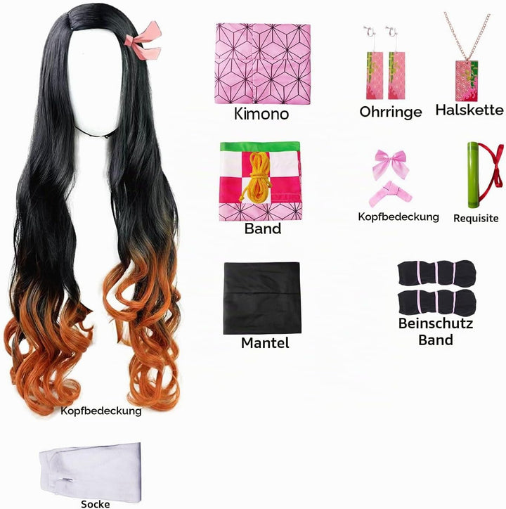 JYakeji 10 Stück Japanische Anime Demon Slayer Cosplay:Kamado Nezuko Cosplay Kostüm mit Perücke, Wei