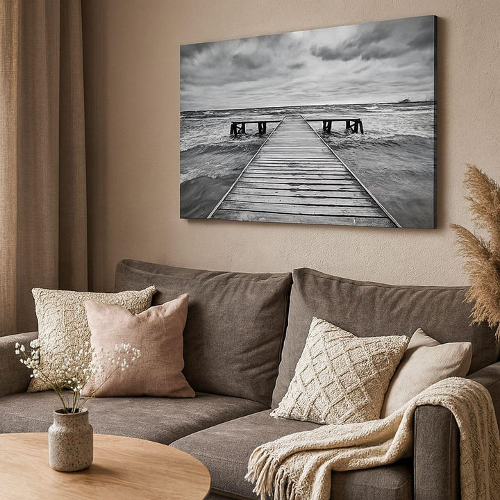 Bilder auf Leinwand 100x70cm Leinwandbild mit Rahmen Brücke Meer Welle Gross Wanddeko Bild Schlafzim