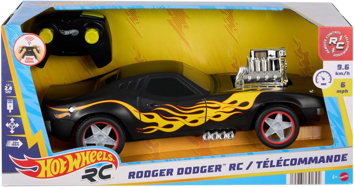 Hot Wheels Spielzeugauto, Ferngesteuerter Rodger Dodger im Massstab 1:16, schwarzes Fahrzeug mit gel