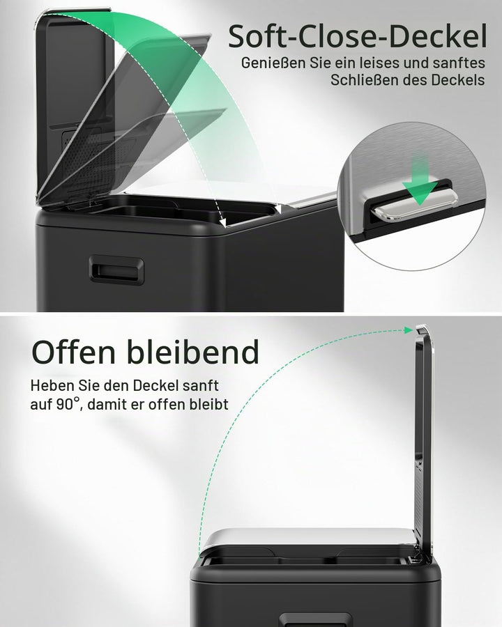 LIFERUN Mülleimer 2 Fächer, 2 x 30 Liter Treteimer mit Geruchsfilter, Deckel Geräuschlos, Inneneimer