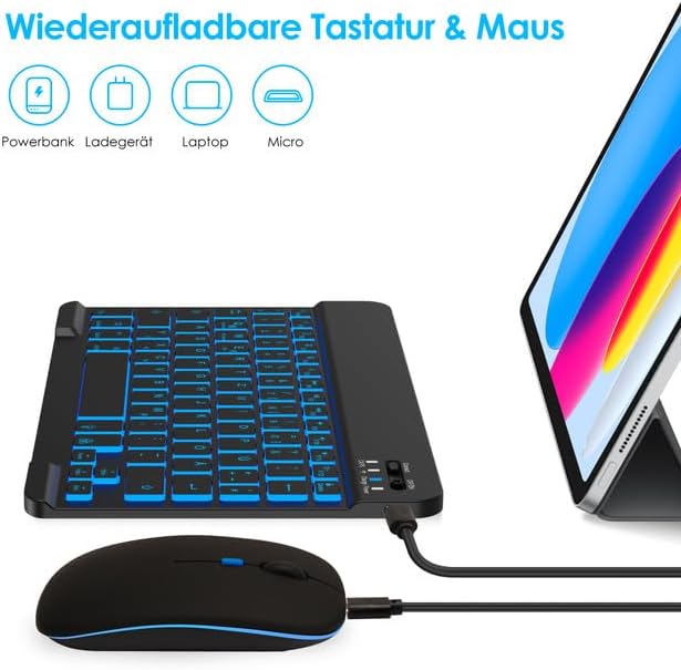 SOPPY Bluetooth Tastatur & Maus mit Hintergrundbeleuchtung,Tragbare wiederaufladbare kabellose Tasta