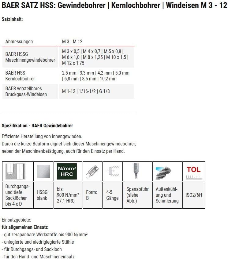 BAER Gewindeschneider Set HSS: Gewindebohrer - Kernlochbohrer - Windeisen M 3-12 - Gewindebohrer Set