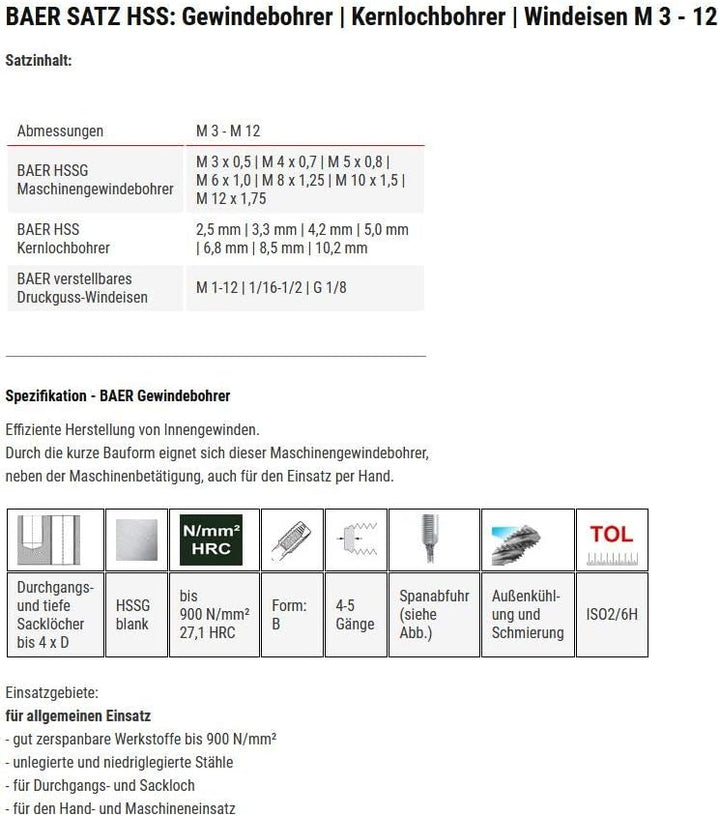BAER Gewindeschneider Set HSS: Gewindebohrer - Kernlochbohrer - Windeisen M 3-12 - Gewindebohrer Set