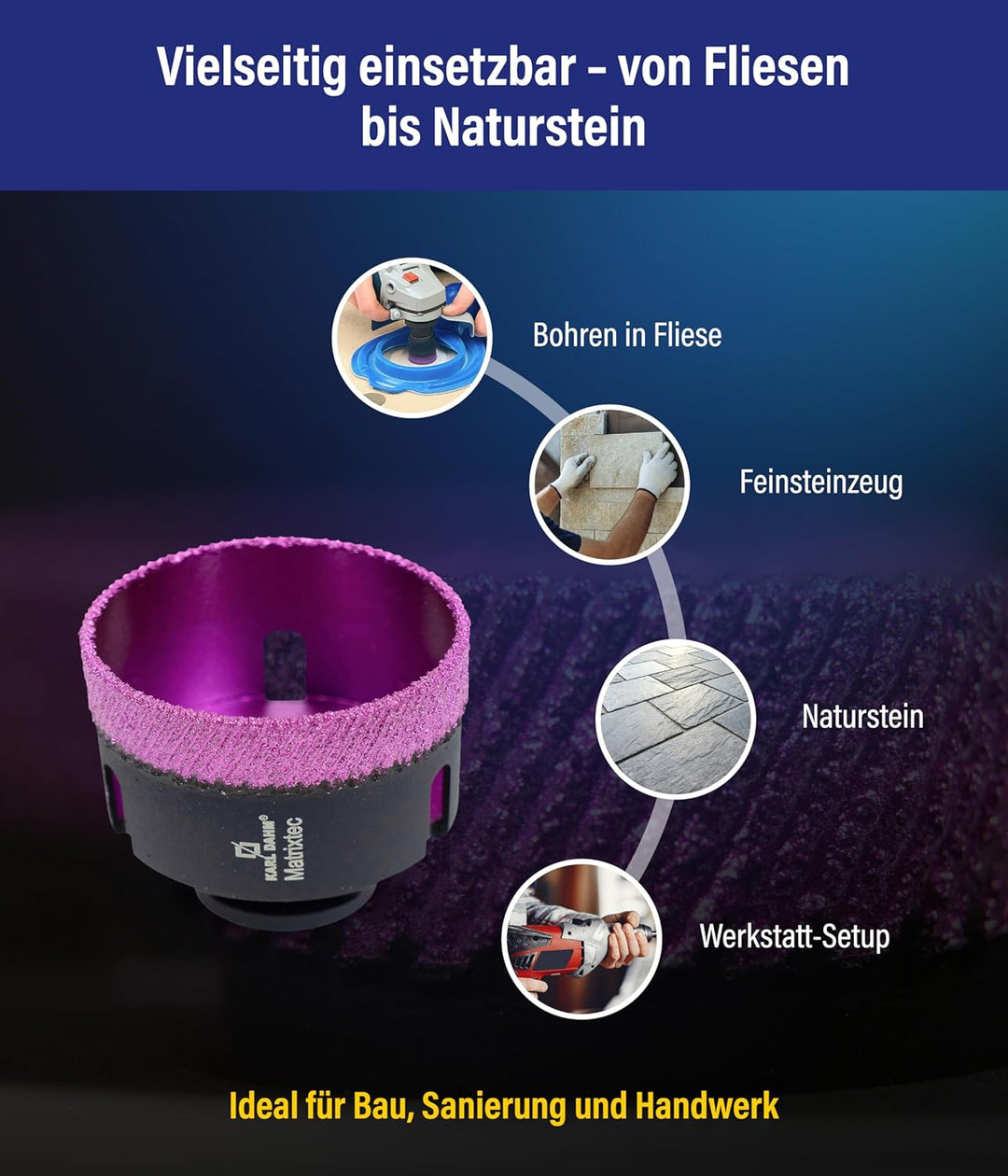 Karl Dahm MATRIXTEC Diamant-Trockenbohrkrone Ø 75 mm I Fliesenbohrer für Feinsteinzeug, Fliesen & Na