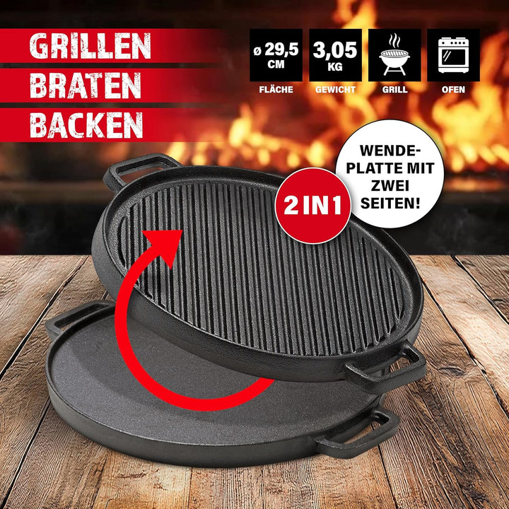 BBQ BOSS Gusseisen Grillplatte [2 in 1] Grillrost – Grillplatte rund – Platte für den Grill – wendba
