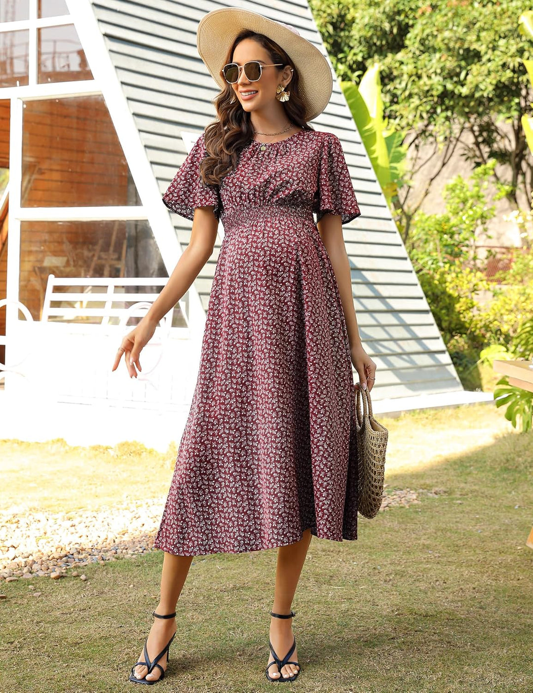 KOJOOIN Damen Umstandskleid Kurzarm Schwangerschafts Bedrucktes Kleid mit Rundhalsausschnitt und Rüs