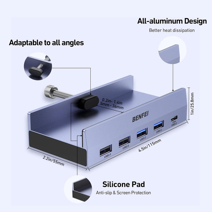 BENFEI 8-in-1 USB C Hub mit sicherer Klemmfunktion – Mit 4K@60Hz HDMI, Gigabit Ethernet, 100W PD, 10