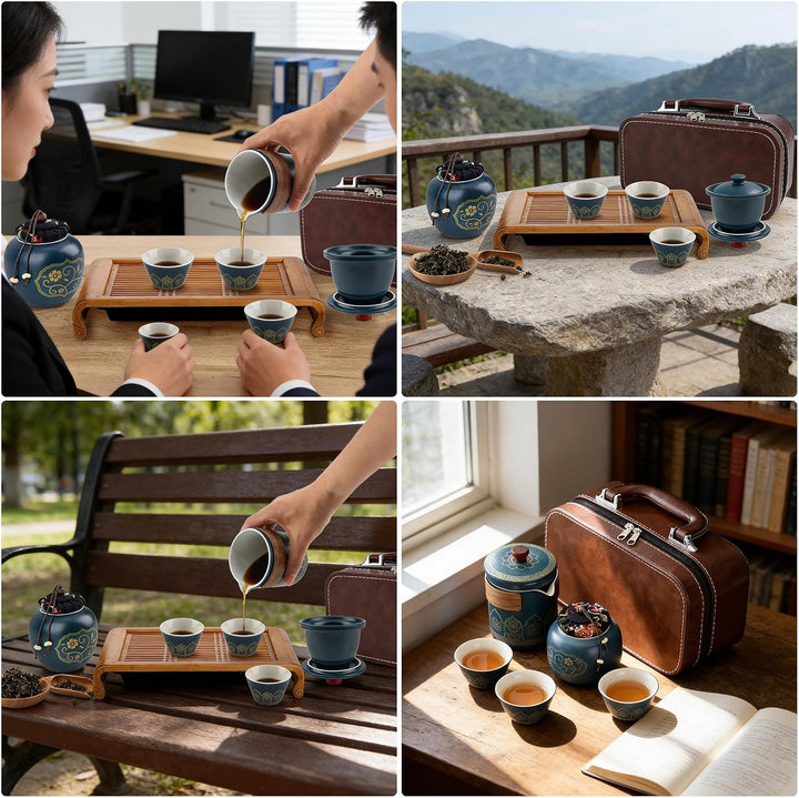 Teeset MIT SICHERER TRAGETASCHE - 5-tlg. Japanisches Porzellan-Set, Ideal für Unterwegs, Büro &amp; Gesc