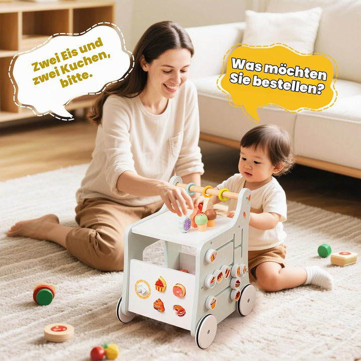 DREAMADE Lauflernwagen Holz, 6-in-1 hölzerne Lauflernhilfe, Baby Walker mit Blöcken &amp; Zubehör, Lernl