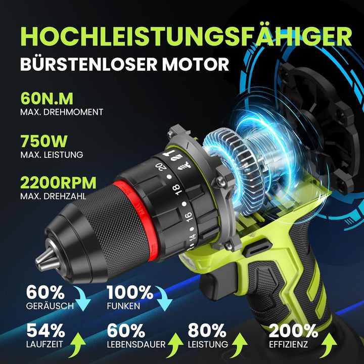 21V Akku bohrhammer, Bürstenlose Akkuschrauber Set mit 2 * 2000 mAh Akku, 3/8" Bohrfutter, 21+3 Dreh