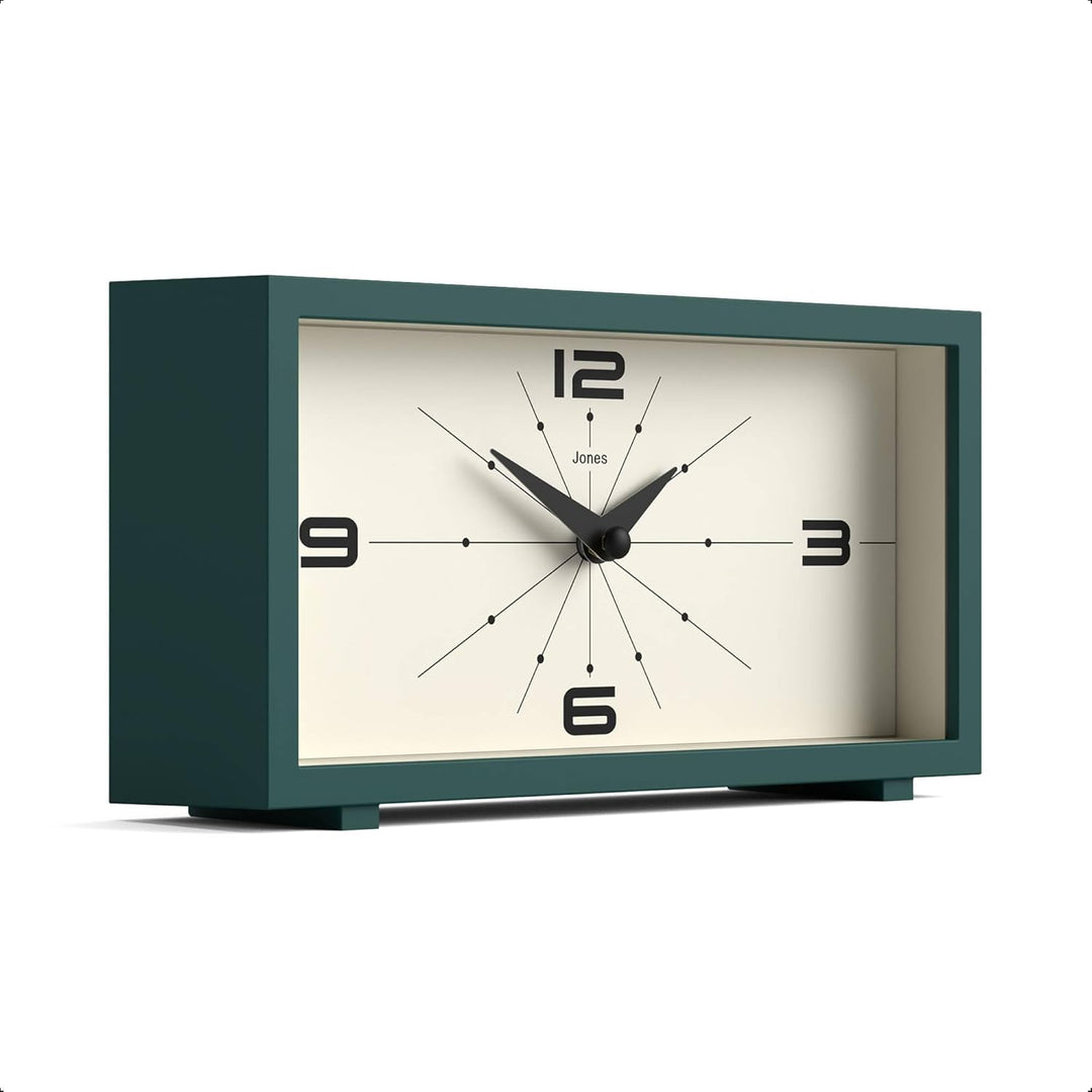 JONES CLOCKS® Schreibtischuhr 'Odeon' – modernes rechteckiges Design in Grün, stilvoller Retro-Look