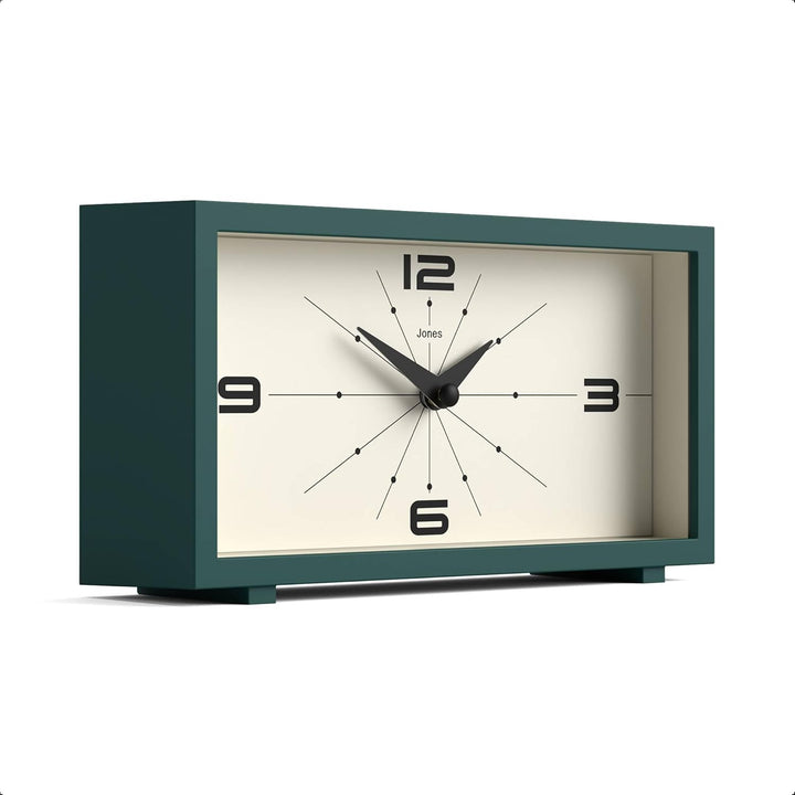 JONES CLOCKS® Schreibtischuhr 'Odeon' – modernes rechteckiges Design in Grün, stilvoller Retro-Look