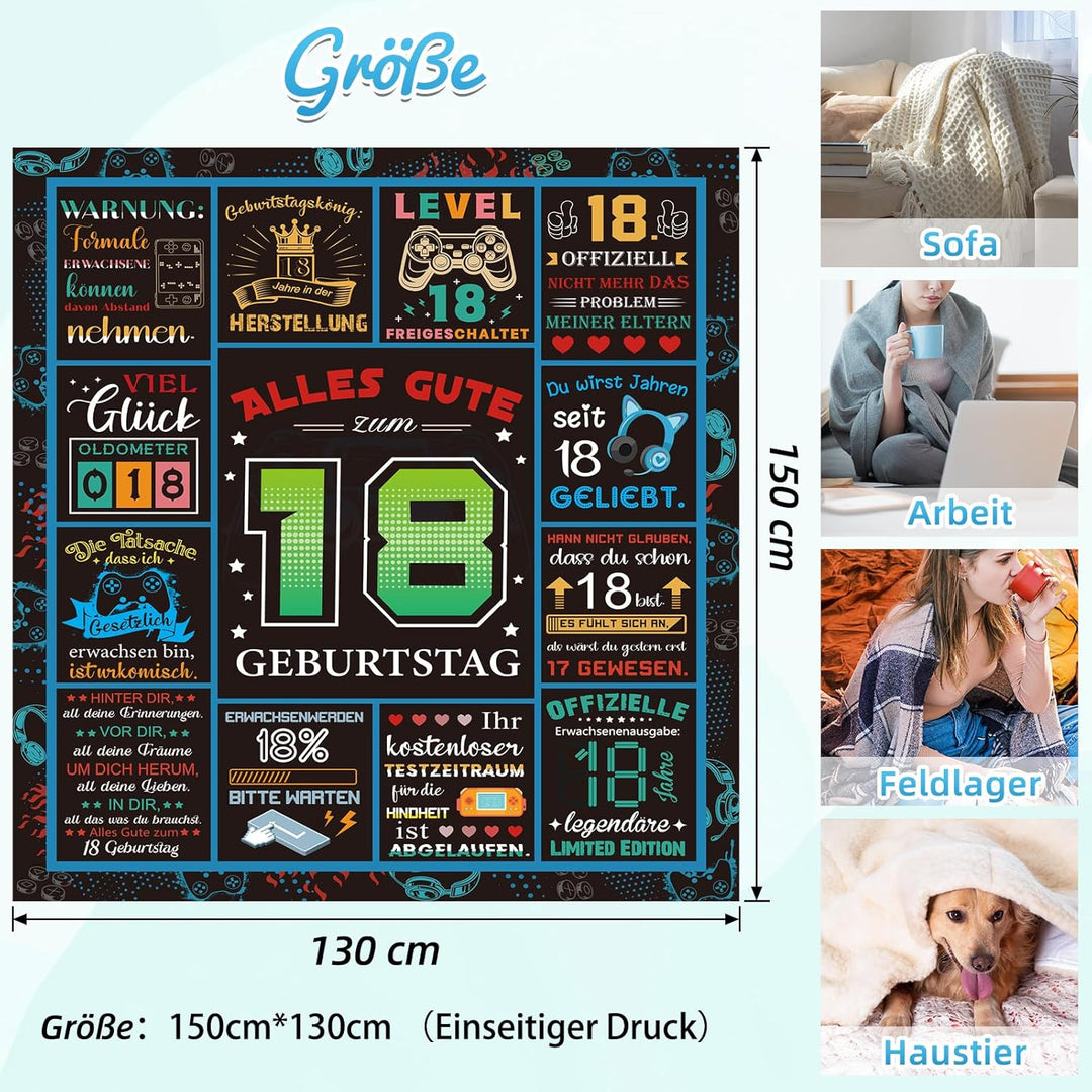 Giftota Flauschige Decke zum 18. Geburtstag - 150x130CM Wohndecke 18 Geburtstag, 18 Geburtstag