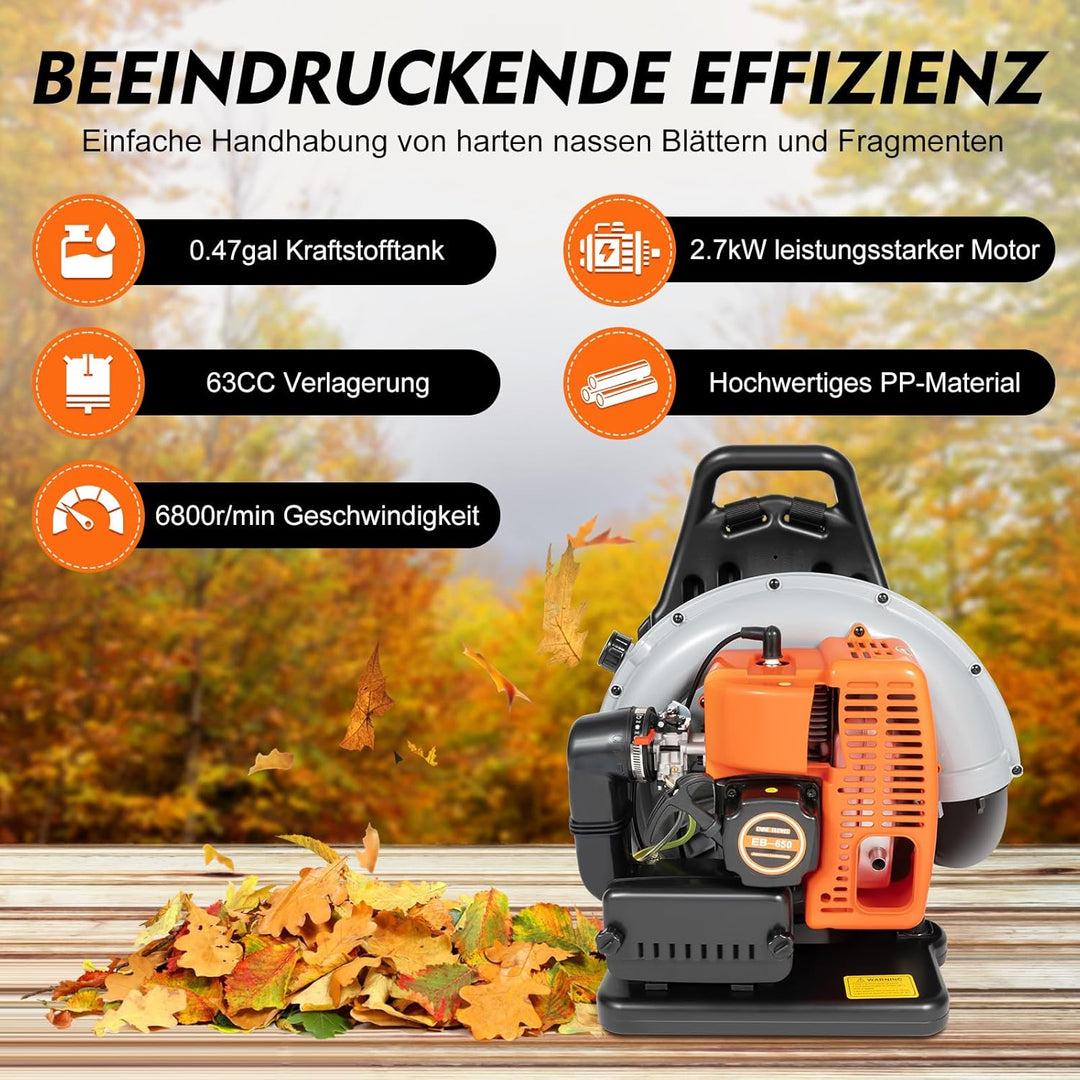 Laubbläser Benzin, 63CC Benzin Laubbläser 6800 RPM Laubsauger Benzin, Rasenkehrmaschine mit Verstell