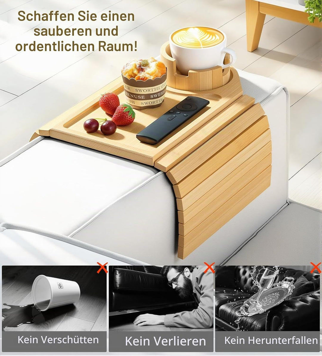 Kssiaz Couch Armlehne Tablett, Bambus Sofatablett Tisch für Couch, Armlehnenablage für Sofa mit Getr