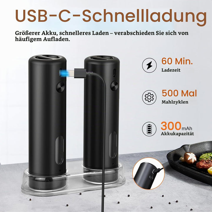 Salz und Pfeffermühlen elektrisch Set mit Ständer, USB-Ladbar, Automatische Salz und Pfefferstreuer