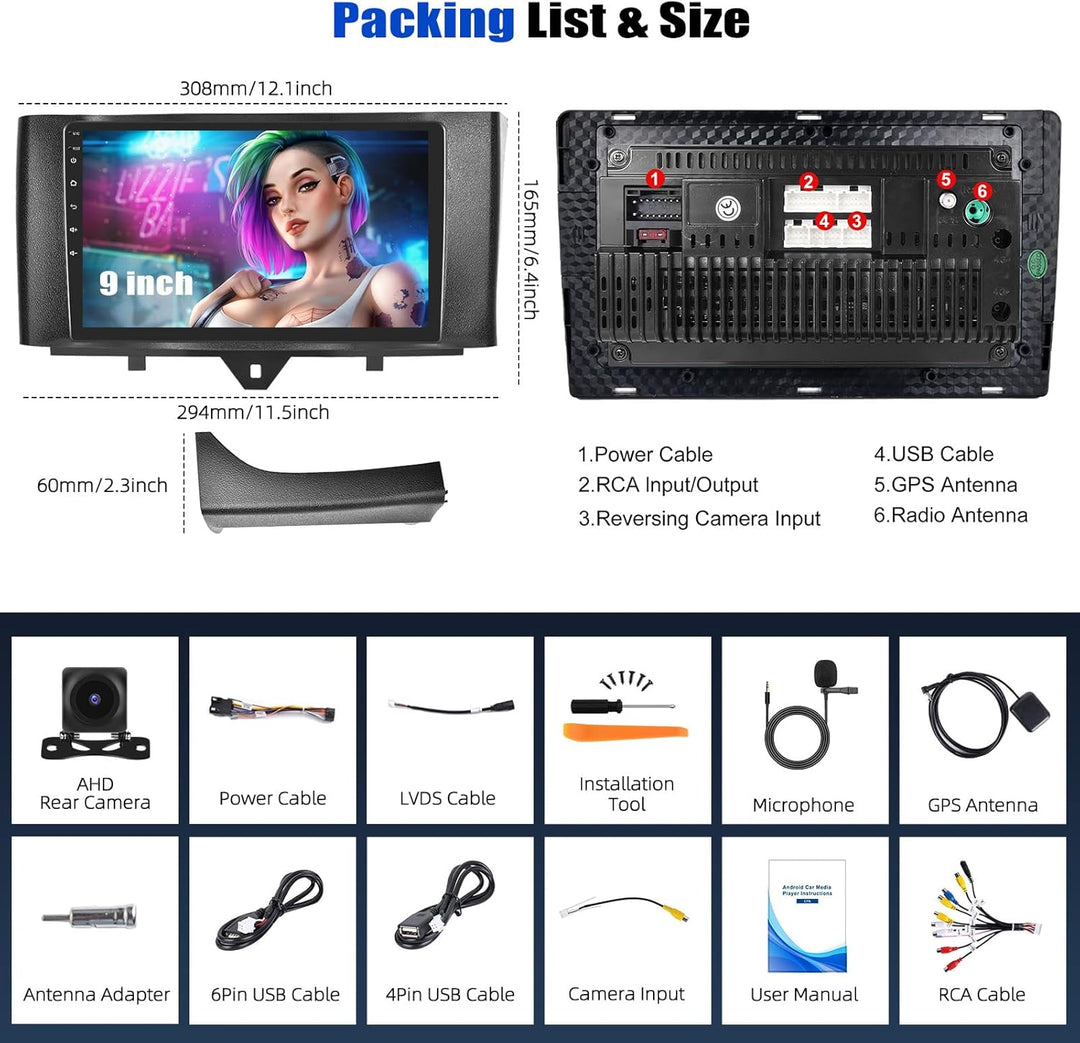 6+128G 8-Kern Android 15, CAMECHO 9 Zoll Navi Autoradio für Mercedes-Benz Smart Fortwo 2011-2015 mit
