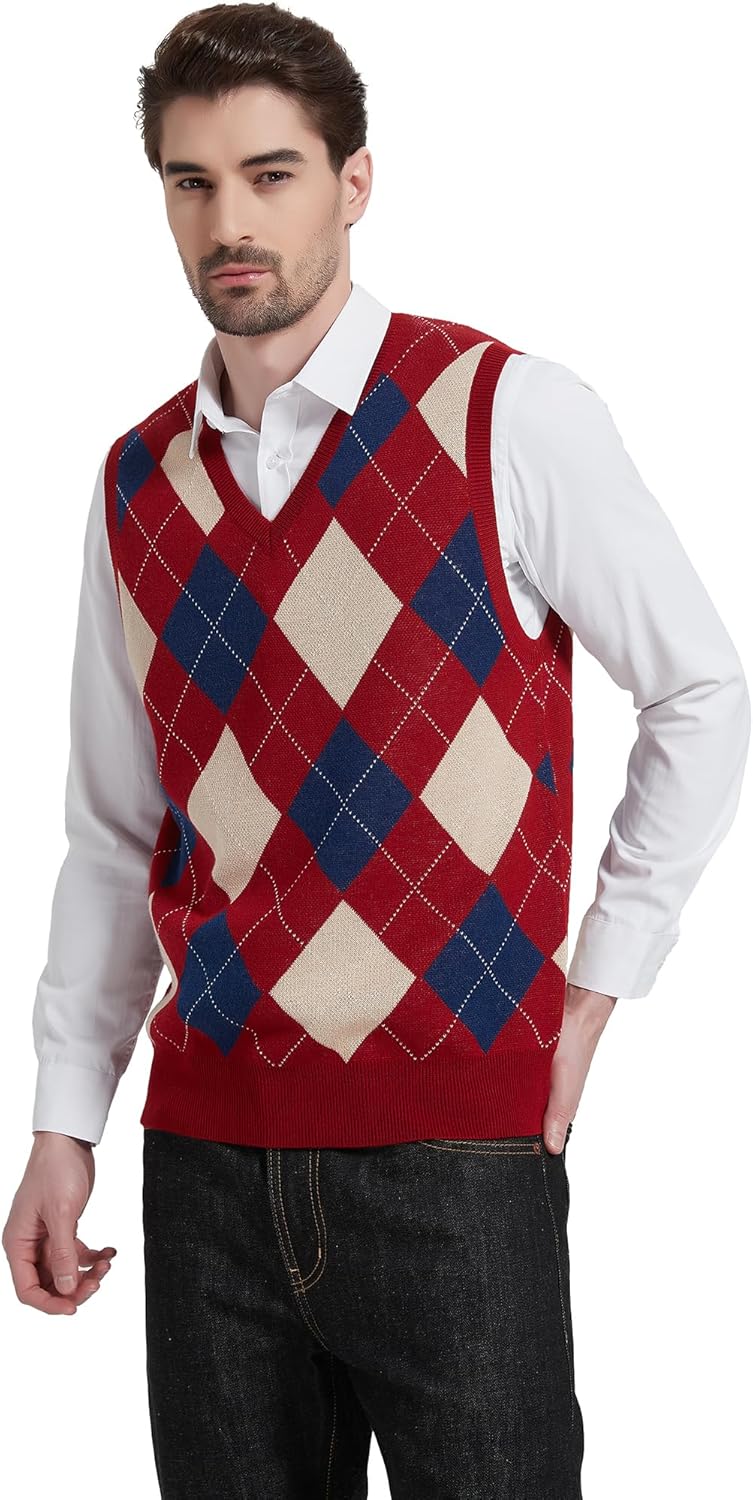 Kallspin Herren Argyle Gestrickt Ärmellos Pullover Wollmischung V-Ausschnitt Strickwesten XL Burgund