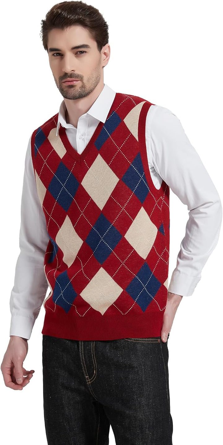 Kallspin Herren Argyle Gestrickt Ärmellos Pullover Wollmischung V-Ausschnitt Strickwesten L Burgunde