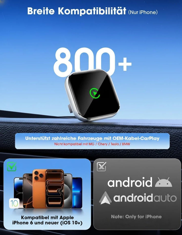 Wireless CarPlay Adapter für Apple CarPlay, Wired to Wireless, Auto Connect grey, grey