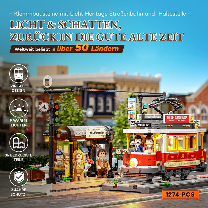 Lumibricks Heritage-Strassenbahn und -Haltestelle Bausatz mit Licht, Vintage-Dekor,kompatibel mit Mo