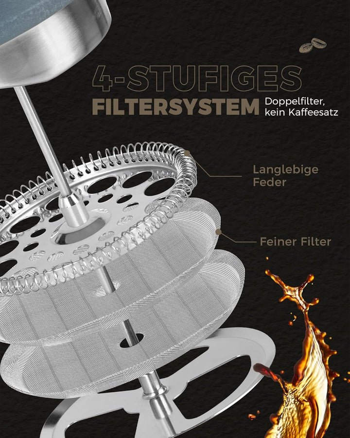 Poliviar French Press Kaffeebereiter 1 Liter/8 Tassen- Doppelwandige Isolierte Kaffeekanne und Teebe